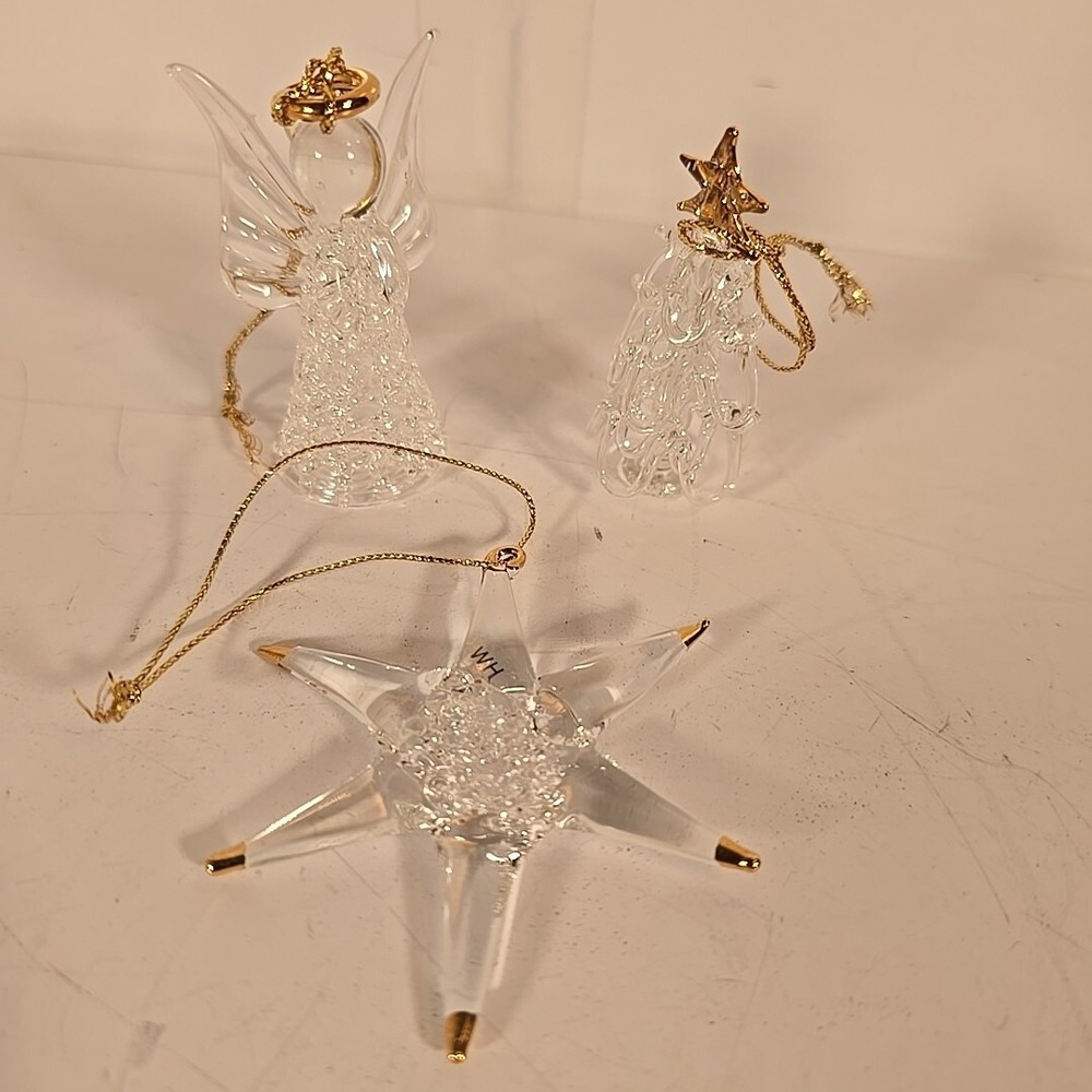 3 Hand Blown Art Glass Ornaments Tree Star & Angle 3"